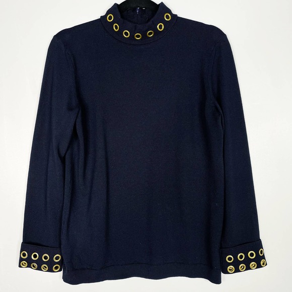 Tory Burch Navy Blue Small S Grommet Turtleneck Sweater Merino Wool Thick Knit - Picture 1 of 11